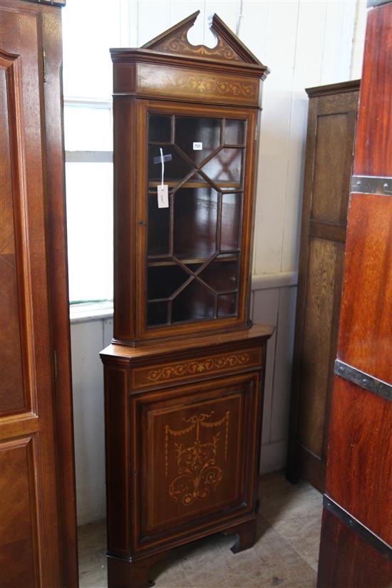 Edwardian inlaid mahogany standing corner cupboard